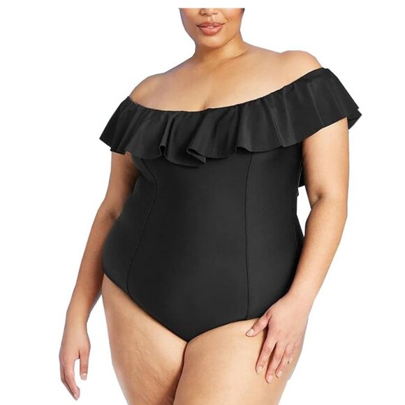 Kona Sol Plus Size Off Shoulder Ruffled One Piece Swimsuit NWT - Picture 1 of 5